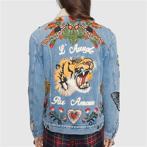 gucci tiger denim jacket|gucci denim jacket with embroideries.